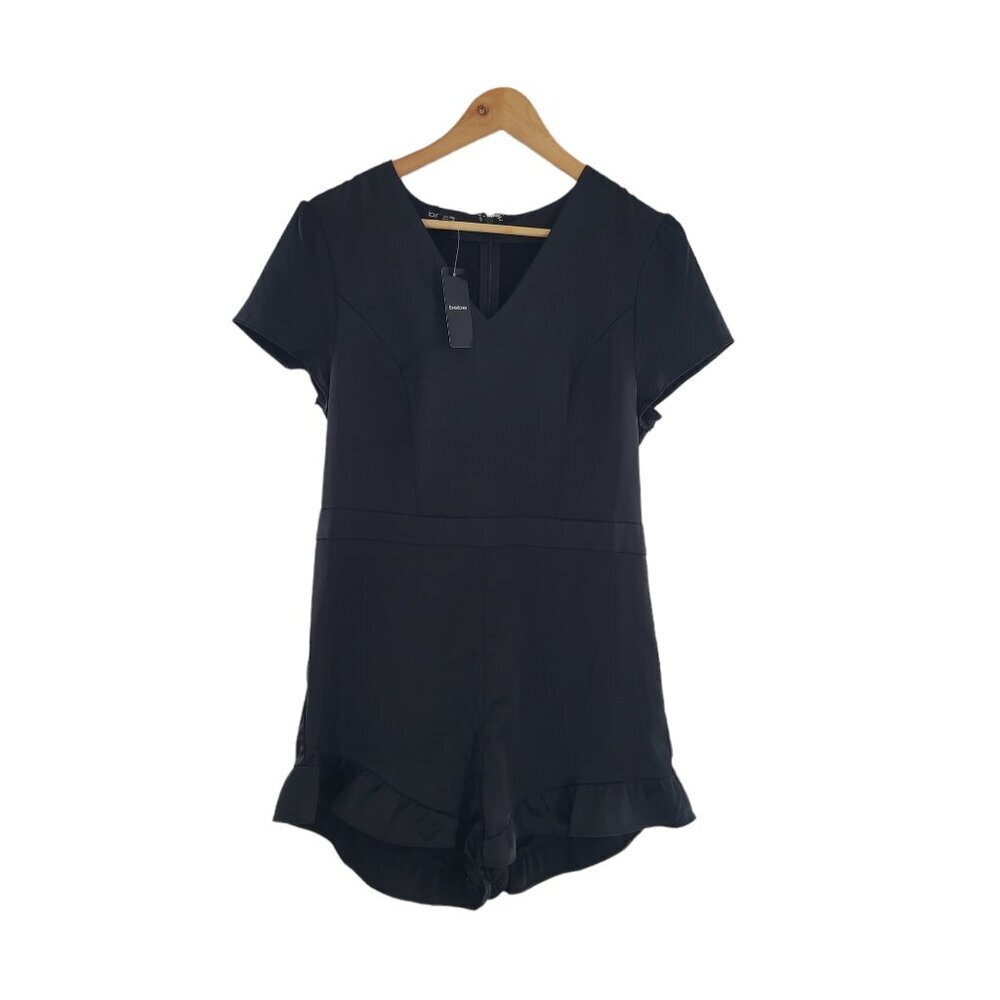 Bebe Shorts Romper Womens Size 12 One piece Short Sleeve V-Neck Ruffle Black NWT